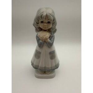 Vintage Japanese Porcelain Girl Figurine with Flowers Glossy Glaze Made in Japan
